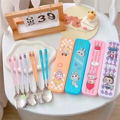 新商品labubu携帯食器二点セットアニメ学生430ステンレスフォークスプーンセット収納ケース