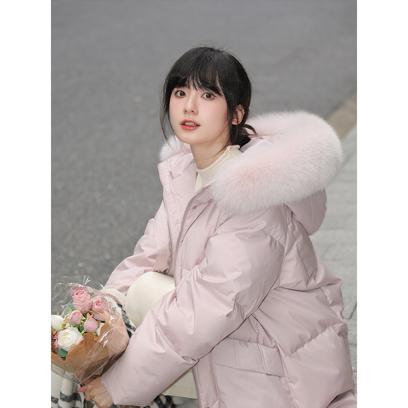 Down Jacket Women's Mid-Length Korean Style Loose Thickeneded Simple Fashion Winter Large Fur Collar 90 White Duck down Pink Outwear