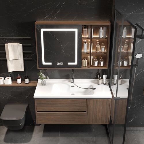 New Chinese-style bathroom cabinet and sink combo, walnut color ceramic integrated sink, one-piece Chinese-style toilet bathroom cabinet