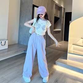 纯棉上衣女童夏装套装2026洋气短袖t中大童宽松阔腿防蚊裤两件套
