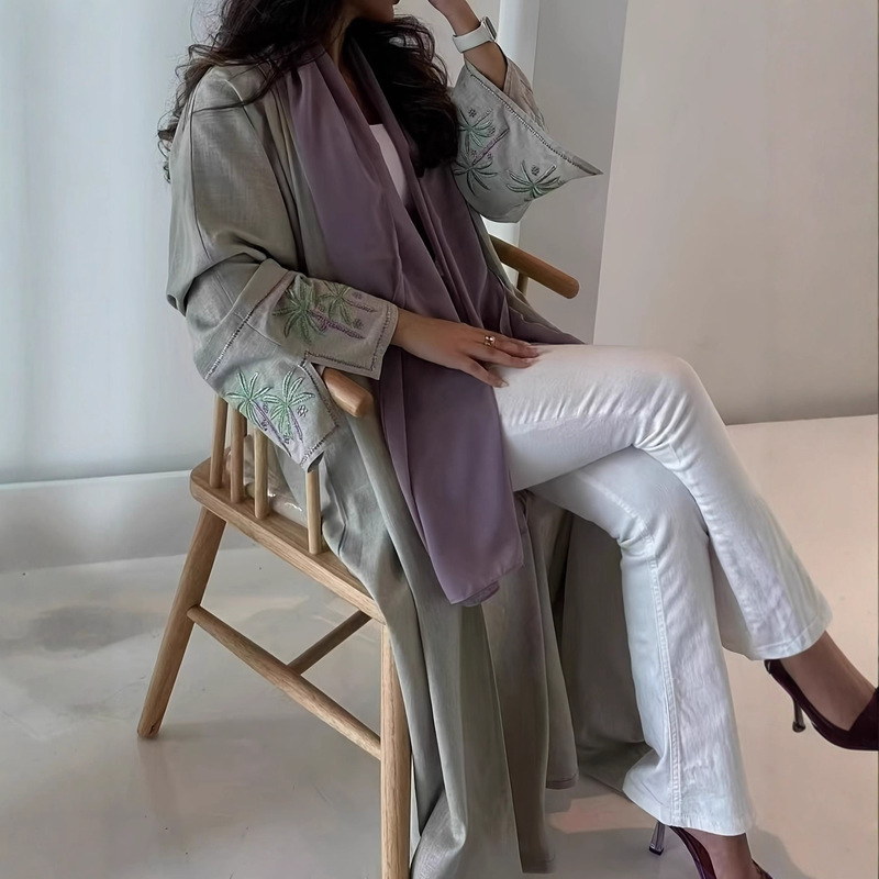 Elegant Embroidered Turkish Robe Abaya - Floral Patterned Sleeves, Long Dress in Light Green Polyester Fabric Elegant Embroidered Turkish Robe Abaya - Floral Patterned Sleeves, Long Dress in Light Green Polyester Fabric