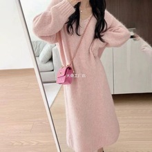 加绒加厚针织毛衣连衣裙秋冬季大衣打底慵懒浣熊绒长裙子灰色均码