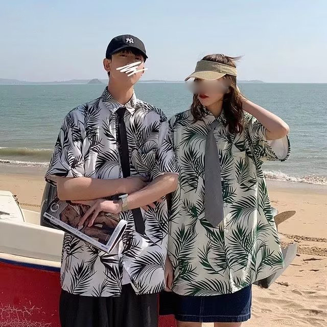 港风短袖衬衫男女情侣款夏季宽松薄款夏威夷沙滩碎花五分袖花衬衣