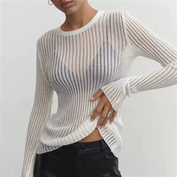 2023欧美亚马逊独立站春夏新热卖款长袖圆领薄款透气针织羊毛上衣