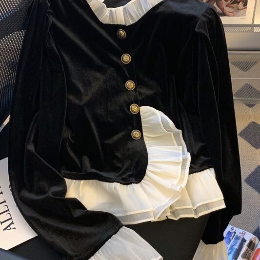 Chanel-Style High-End Patchwork Cardigan Velvet Base Shirt for Women, New Color-Blocking Ruffled Blouse for Petite Figures