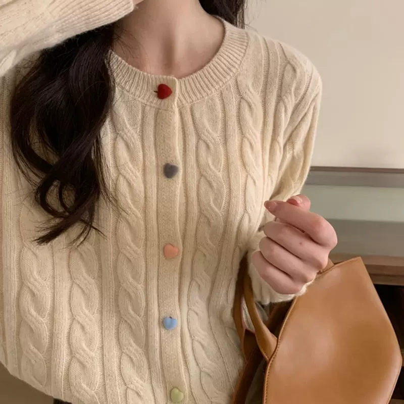 韩系慵懒风宽松麻花毛衣女2024秋冬彩扣单排扣针织开衫上衣女外套