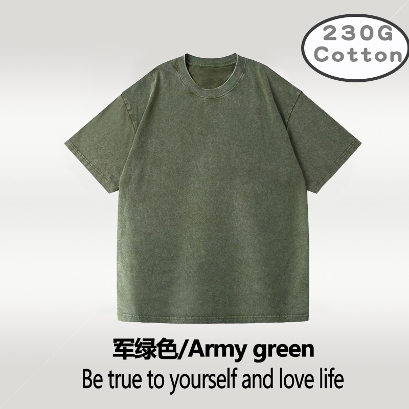 Camiseta retro de manga corta lavada holgada de algodón puro Camiseta transfronteriza de talla grande 230g versión estadounidense de talla europea de los hombres con hombros caídos