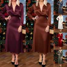 2025欧美跨境独立站新款秋冬女士气质华丽松紧腰缎面垂感半身长裙