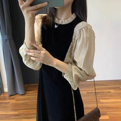 French socialite xiangfeng velvet dress autumn and winter plus size fat sister mm belly-covered thin lace stitching dress