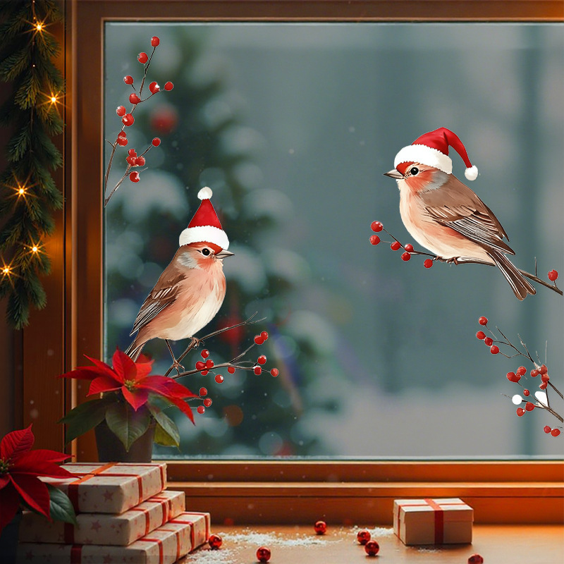 Cross-Border Red Christmas Hat Sparrow Bird Electrostatic Atmosphere Sticker Shop Window Holiday Glass Door Decoration Cross-Border Red Christmas Hat Sparrow Bird Electrostatic Atmosphere Sticker Shop Window Holiday Glass Door Decoration