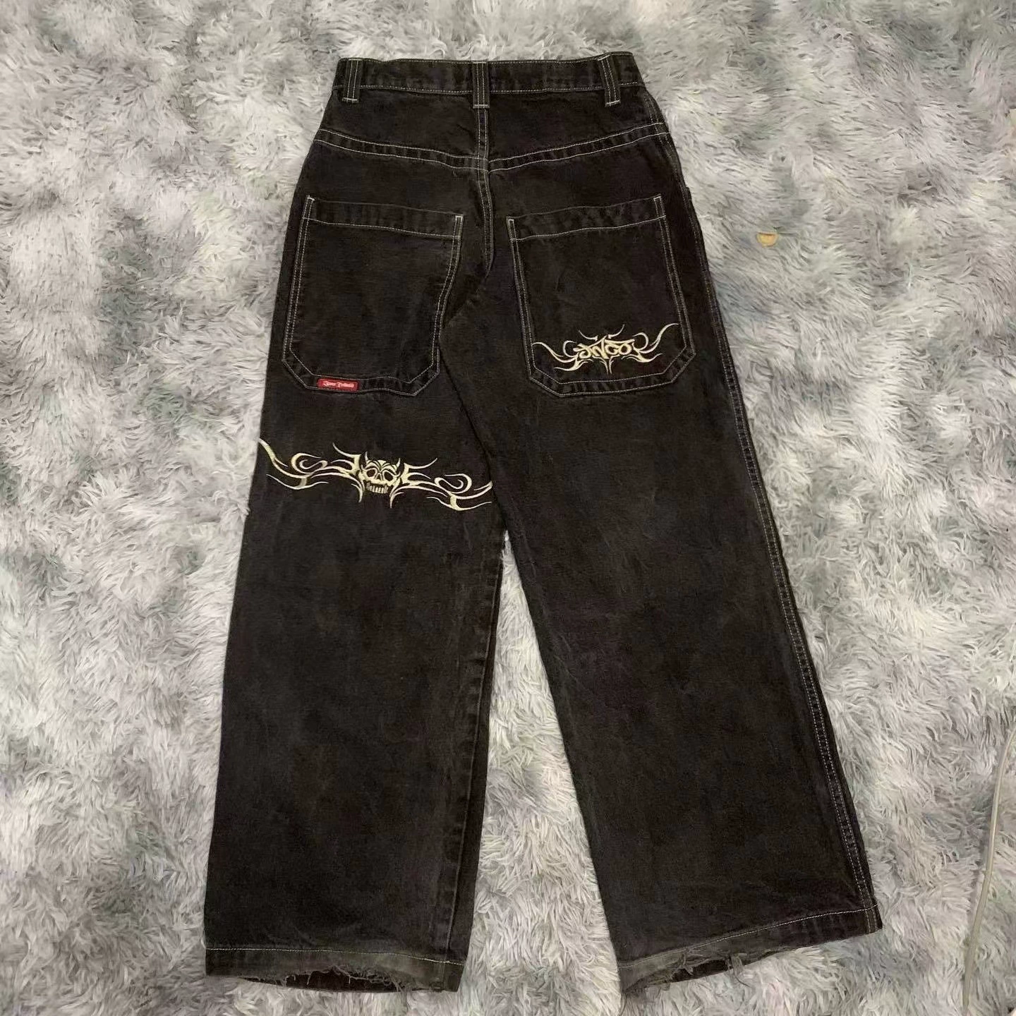 Джинсы (JNCO) унисекс свободного кроя из денима, вышивка, готический крое широкие