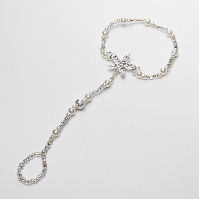 Cuerda elástica de perlas de imitación europea y americana con tobillera Diamante Estrella de mar con cuentas Adornos de pie de diamantes de imitación Conjunto de turquesa azul