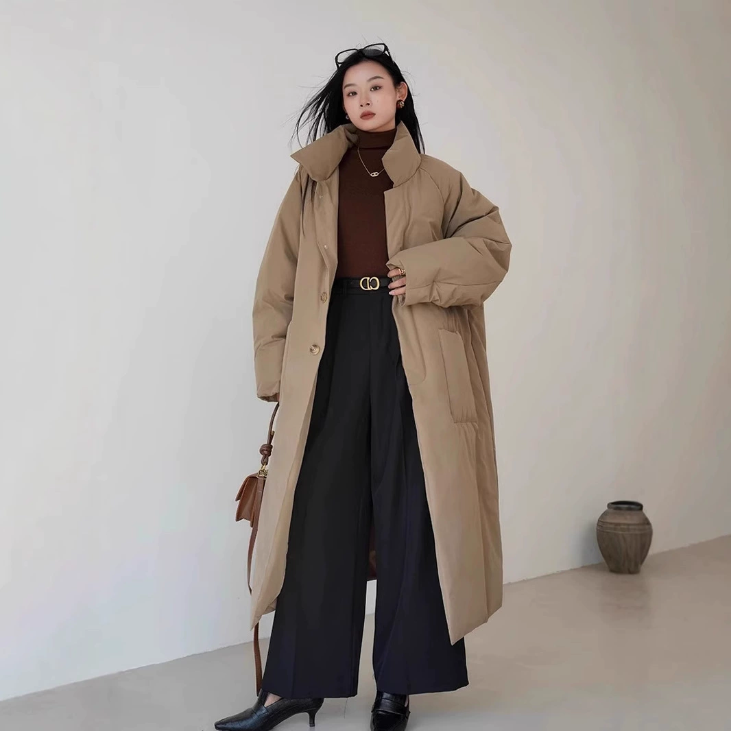 Женская пуховая куртка 2024 года, зимний нишевый дизайн, минималистичный стиль, удлиненная, из белого утиного пуха, повседневная, универсальная, толстая, для защиты от холода