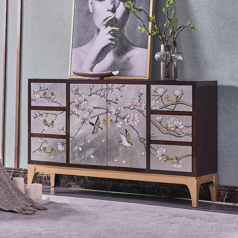 紫檀玄关柜手工彩绘钢琴烤漆餐边柜新中式简约六斗两门置物收纳柜|ms
