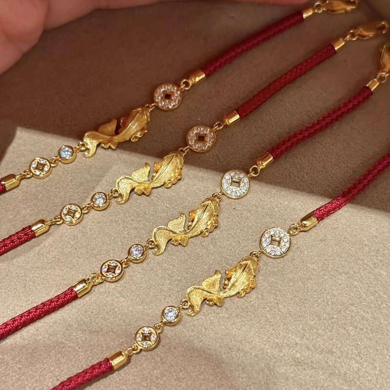 New Year~New Chinese-Style Brushed Red String Bracelet with Small Koi Fish, Lucky Coin, and High-End Feel for the Year of Birth