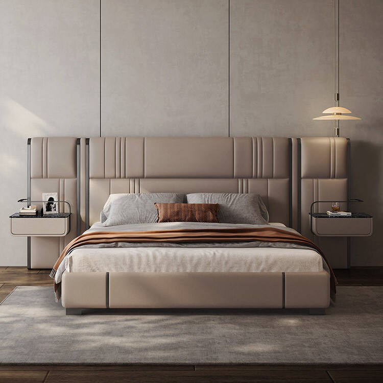 Italian-Style Light Luxury Leather Bed for Master Bedroom, Villa Wedding Bed, Large-Sized High-End Luxurious and Elegant American-Style Leather Wide-Screen King Bed