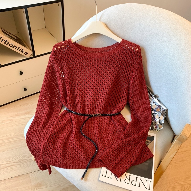 2025 Early Autumn New French Style Lazy Sun Protection Blouse for Women with Belt, Loose Slimming Look Cut Out Knitted Outer Top