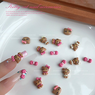 Cartoon Black Leather Kitty Cat Nail Art Jewelry New Cute Stereo Pink Bow Nail Decoration Resin Diamond