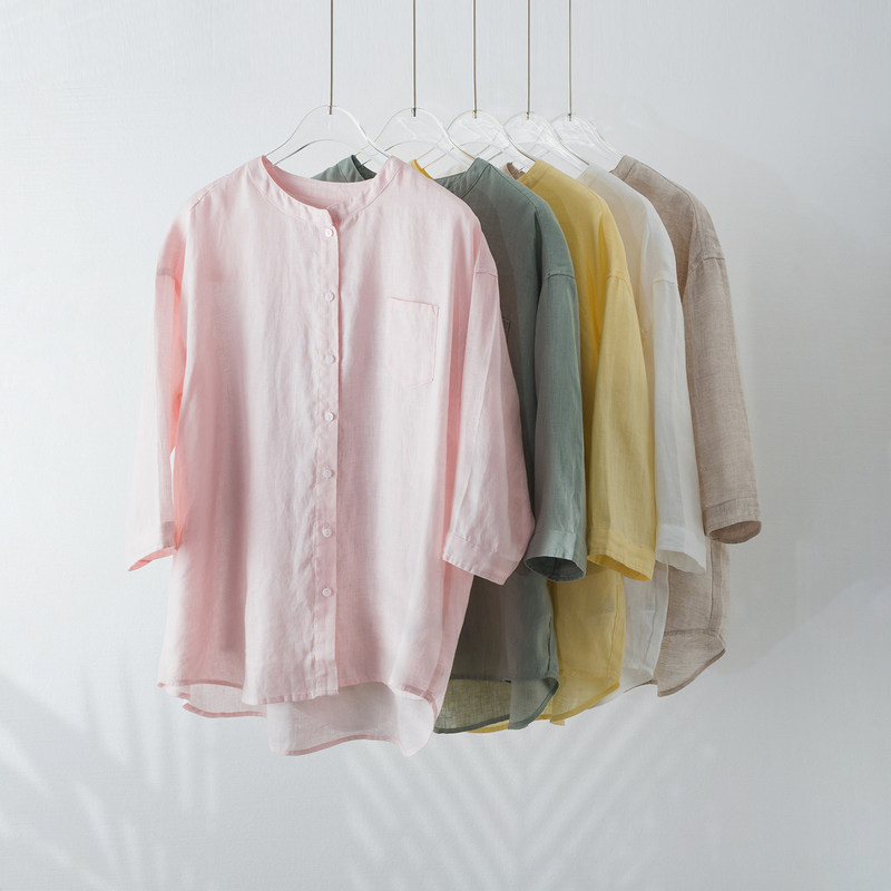Lightweight High-Thread-Count Pure Linen Shirt with Stand Collar, Three-Quarter Sleeves, Loose Fit, Slimming Effect, Plus Size, Japanese Style, Artistic Linen White Shirt 6016