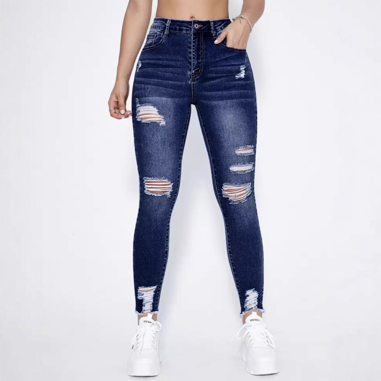Jeans Ajustados para Mujer de Mezclilla de Algodón, Elástico, Cintura Alta, Roto