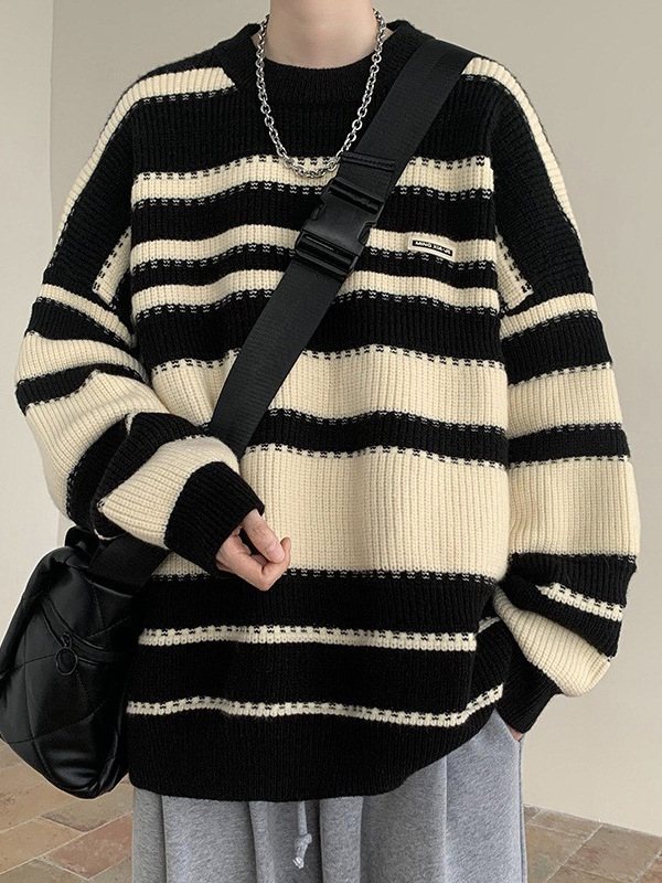 Prendas de punto retro americanas huecas a rayas de colores otoño e invierno nuevo estilo estilo de Hong Kong solapa suéter casual suelto estilo de moda