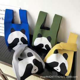 可爱熊猫手提包女针织包水桶包日韩版百搭手拎休闲托特包盒饭袋
