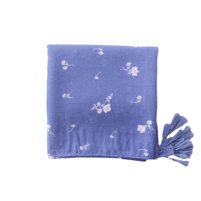 Corea del Sur estilo coreano de moda bufanda de seda del todo fósforo de las mujeres de primavera y otoño de viaje chal azul pequeño algodón floral y lino sentir borla bufanda
