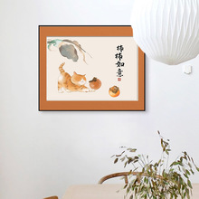 萬柿大吉 新中式餐廳水果圖案裝飾畫橘貓掛畫客廳書法黃色壁畫