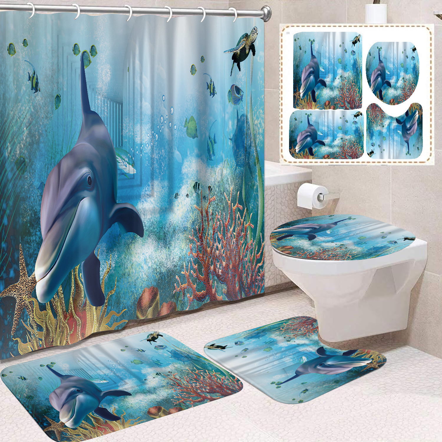 Cortina de ducha transfronteriza con diseño de delfines azules, estampada digitalmente, de poliéster, sin perforaciones, para baño, decoración del hogar image 15