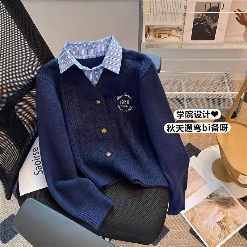 学院两件美式针织衫春秋小众新款设计拼接短款毛衣外套上衣开衫|undefined