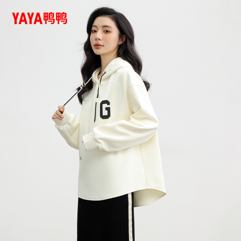 Duck Duck Casual Sweatshirt Women's 2025 New Fashion Casual Loose Hooded Color Matching Warm Knitted Sweater J