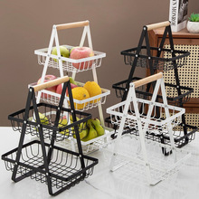 跨境新款木质手提篮铁艺多功能水果篮厨房多层零食收纳置物架批发