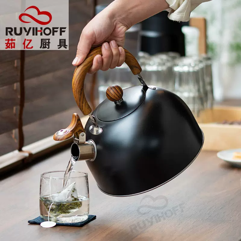 欧式鸣笛烧水壶精品家庭酒吧木纹手柄不锈钢煮水壶3L黑色鸣音壶