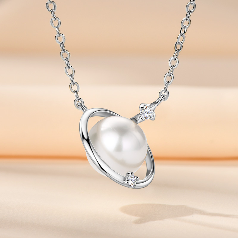 Exquisite S925 Sterling Silver Women's Saturn Necklace with Freshwater Pearl Pendant, Chic Niche Design Circle Jewelry for Women