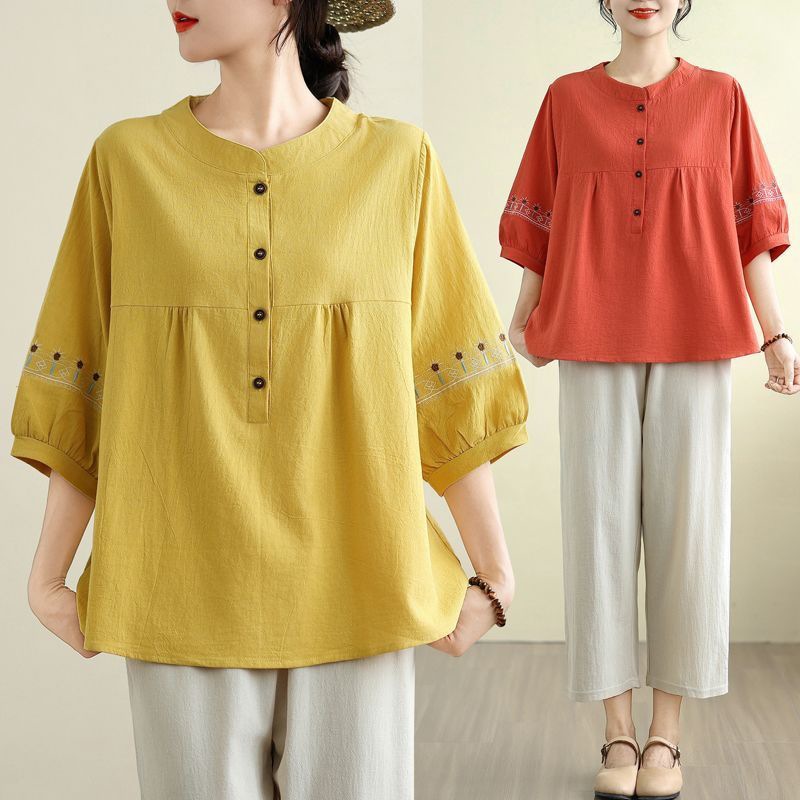Women's Clothing For Plus-Size Mothers, Featuring Ethnic-Style Cotton-Linen Tops With Open Buttons, Round Necks, And Loo_ecoleips.com