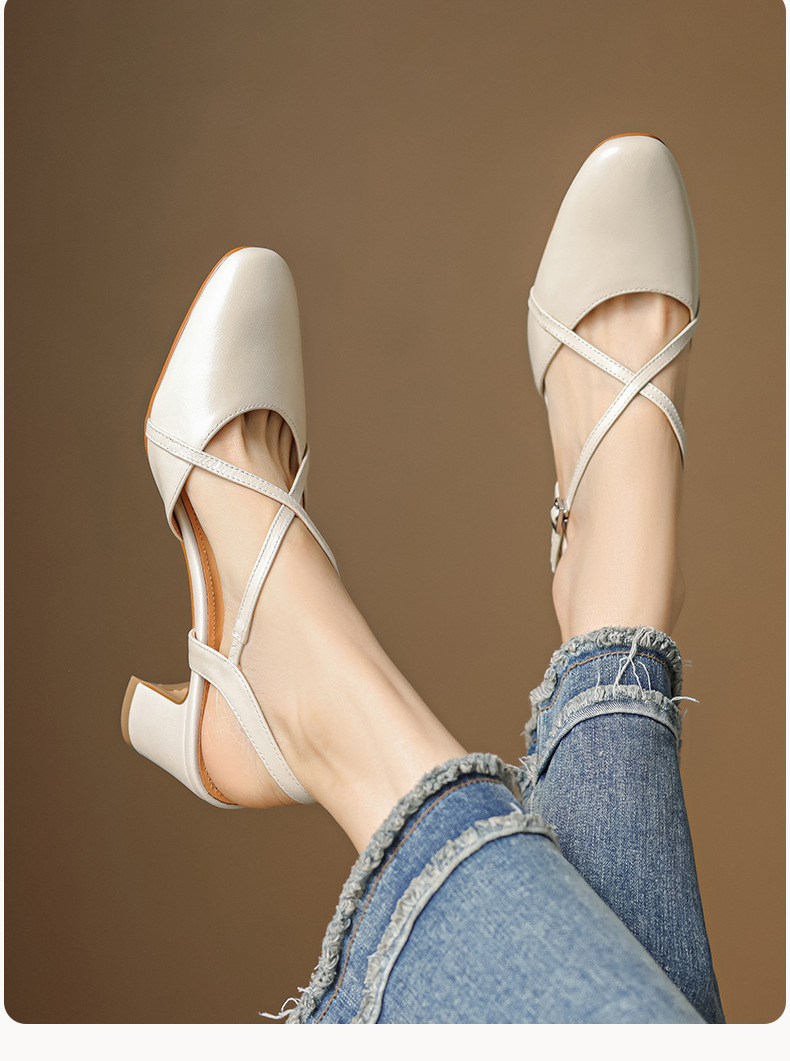 Sandal cao gót nữ mũi nhọn quai chéo buộc dây, gót vuông ổn định — màu trắng ngà chi tiết 14
