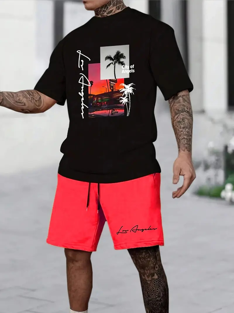 Diseño de personalidad patrón de letras de dibujos animados verano nuevo estilo calle ropa casual suelta traje de hip-hop americano ME13