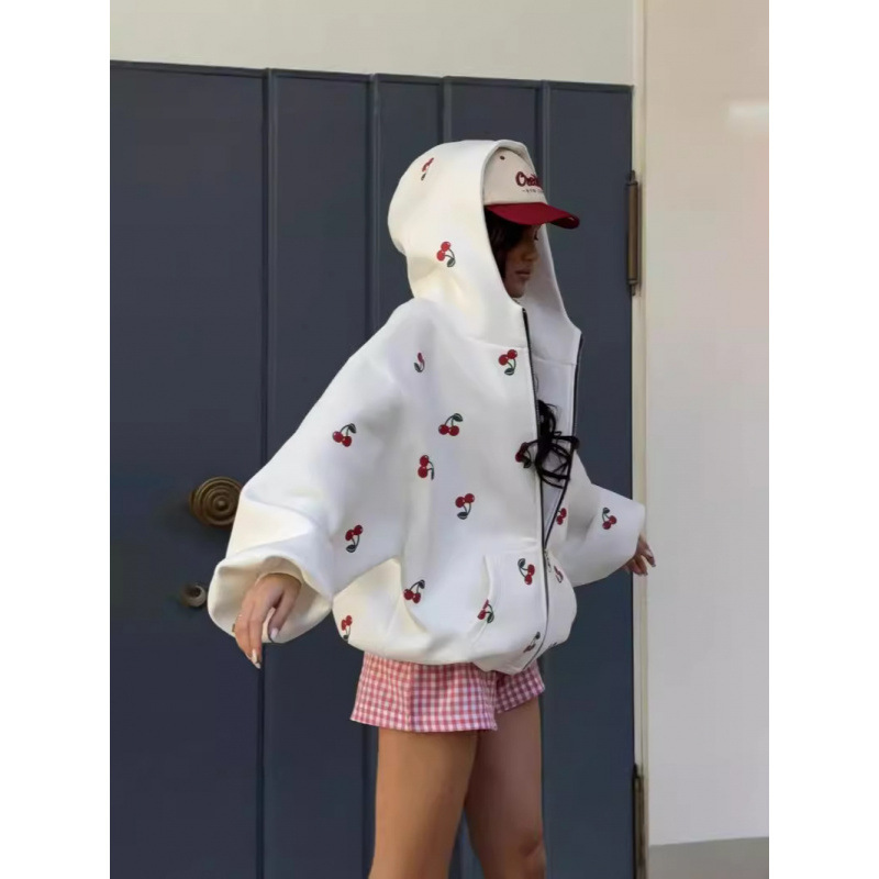 秋季女欧美街头风时尚潮牌宽松百搭运动连帽衫女樱桃印花卫衣外套|undefined