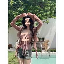 纯欲甜美蕾丝拼接花朵吊带背心套装女秋季长袖披肩罩衫上衣两件套