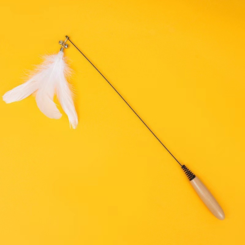 Cat teasing stick with wooden handle + white feathers