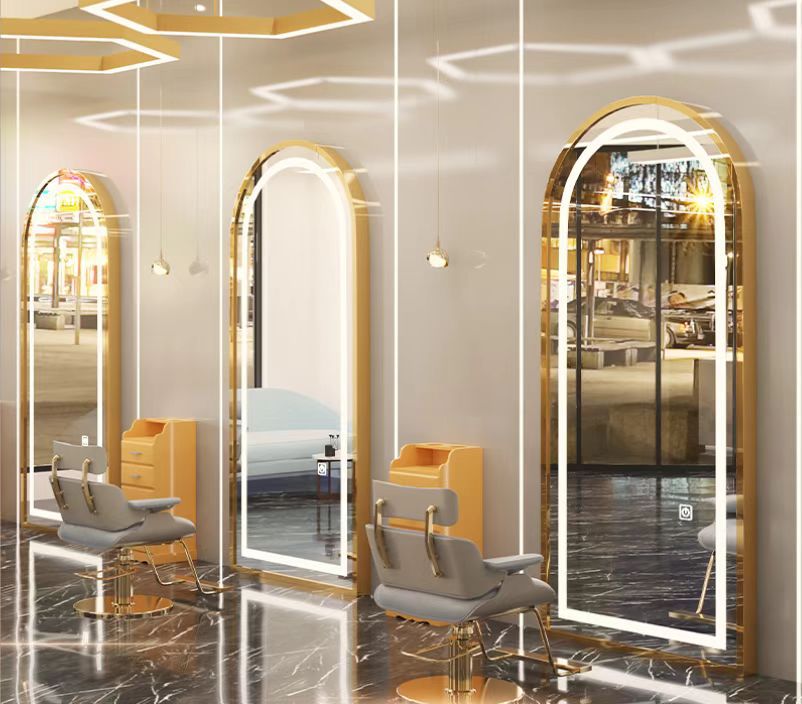 Barbería espejo salón de pelo especial montado en la pared espejo de un solo lado piso con luz inteligente espejo led