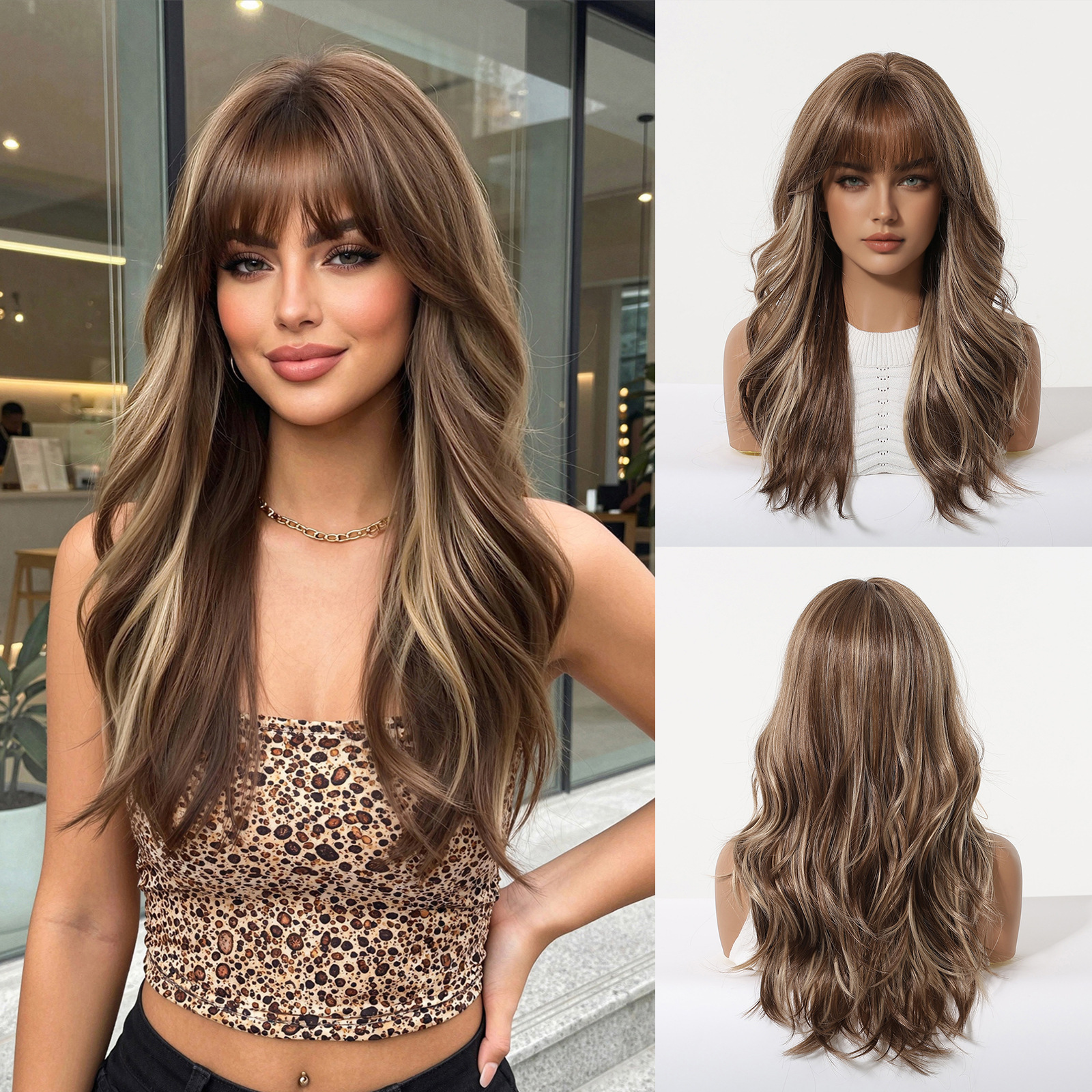 Pelucas de corte de estilo europeo y americano, pelucas con flequillo, cubiertas completas para mujer, cabello rizado, grandes ondas, cubiertas de fibra química, wigs