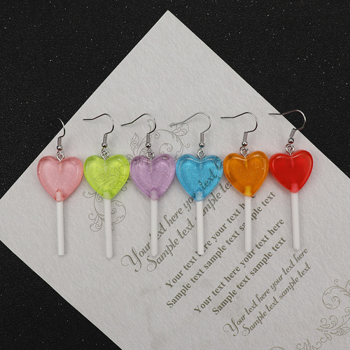 Japanese and Korean personalized glitter candy color love lollipop earrings ins cute and fresh girly style peach heart earrings