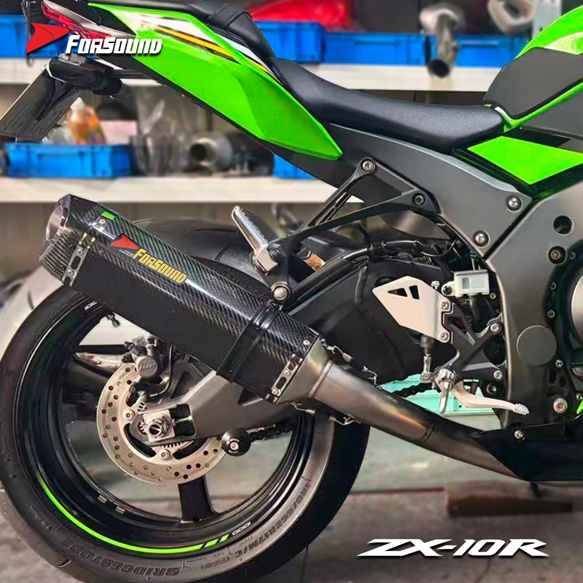 KAWASAKI ZX-10R Big Bull modified exhaust mid and tail section, Grav's titanium alloy stainless steel carbon