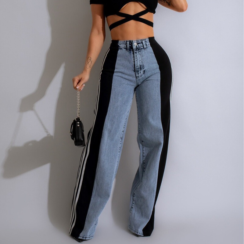 2024 Summer Fashion Patchwork Three Stripes Wide Leg Denim Trousers Women's New Casual High Waist Elastic Straight-Leg Pants