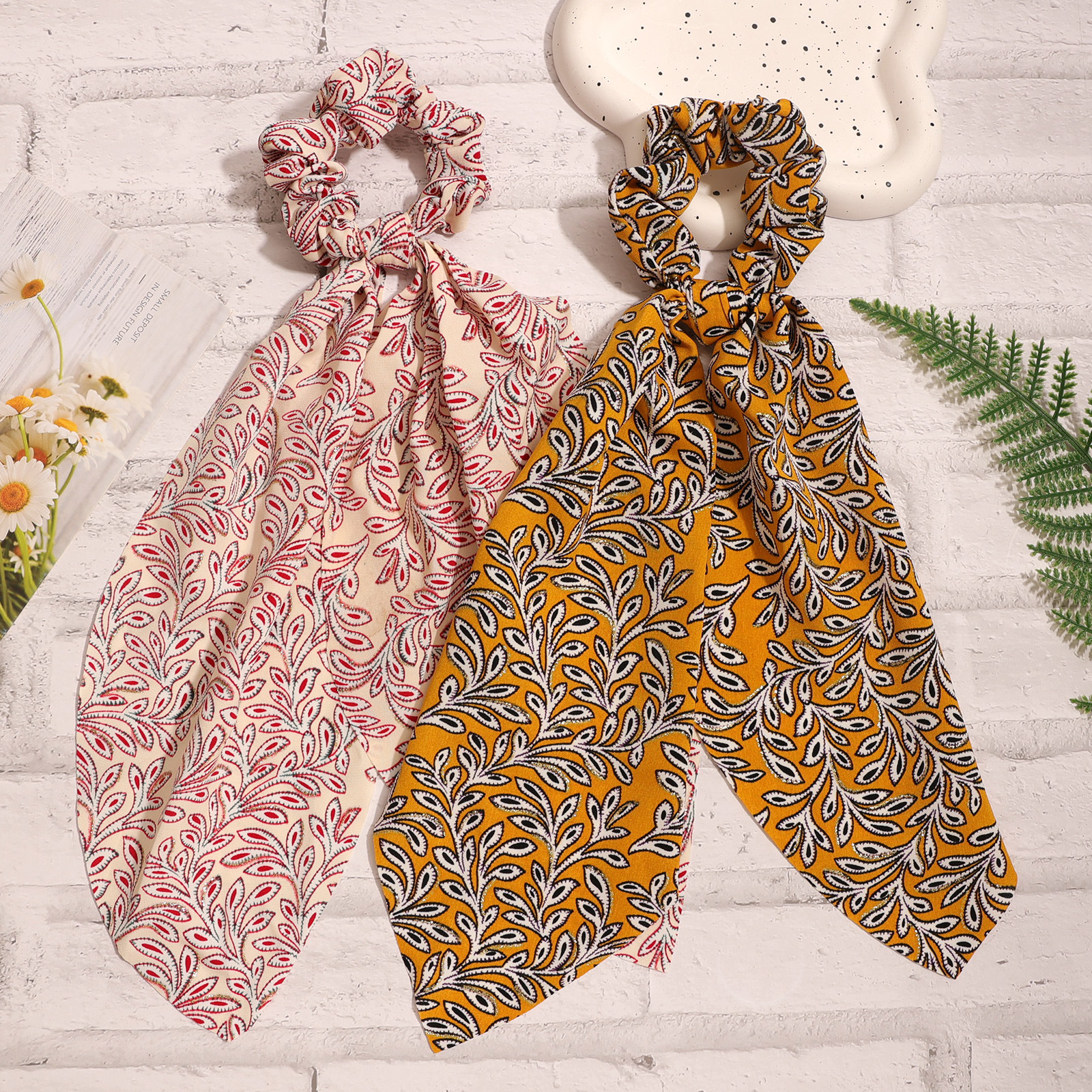 时尚布艺金边腰果打结三角巾印花飘带大肠发圈女士女孩马尾辫发饰