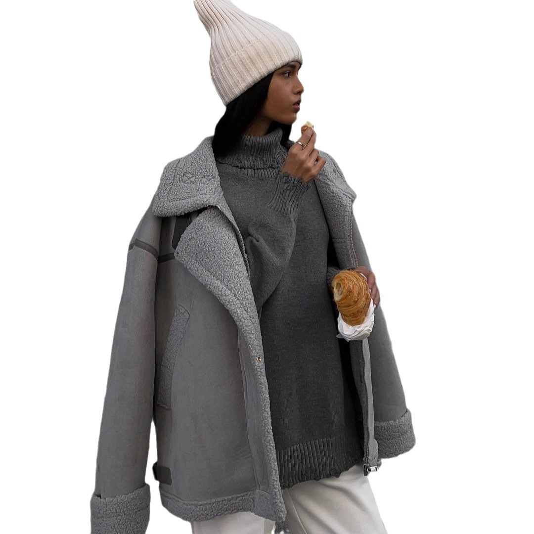 One piece lamb wool 2024 new design sense spliced street motorcycle style cotton jacket_voghion.com