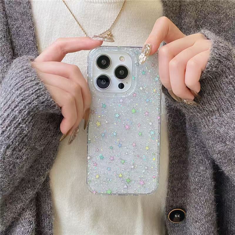 Lámina de plata de doble capa, estrellas de colores finas y destellos para iPhone 16promax funda para teléfono móvil 15 Apple 14 nuevo estilo 13 mujer