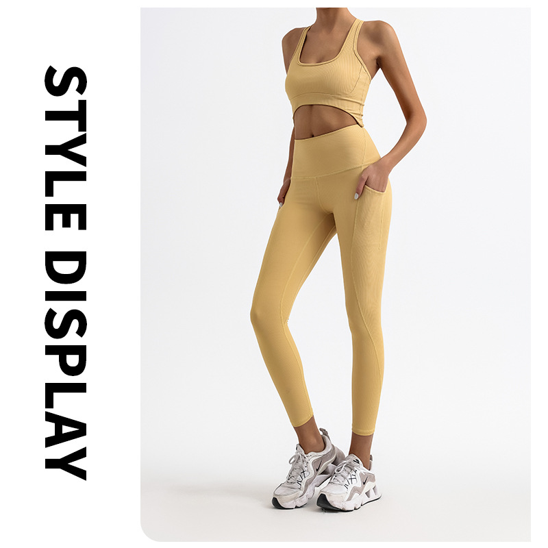 Traje de fitness deportivo de comercio exterior, chaleco deportivo cruzado de espalda de belleza femenina, cintura alta, abdomen, pantalones de yoga, cabello de dos piezas