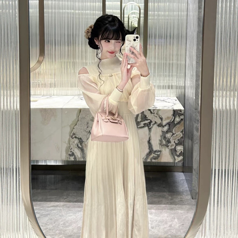 【Huilin】2026 Early Autumn Japanese Style Cross-Border Mesh Lantern Sleeve Patchwork Knit Dress with Waist-Cinching Design 26AB010 【Huilin】2026 Early Autumn Japanese Style Cross-Border Mesh Lantern Sleeve Patchwork Knit Dress with Waist-Cinching Design 26AB010